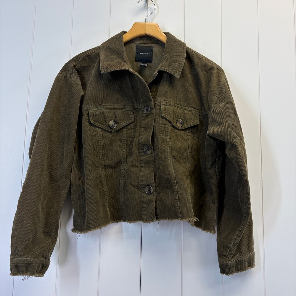 Forever 21 Boho Corduroy Cropped Trucker Jacket Women Size S Utility Earthy
